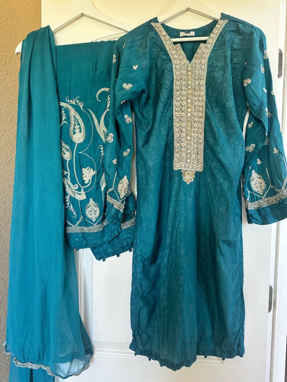 Teal Embroidered Salwar Kameez Set with Champagne Detailing